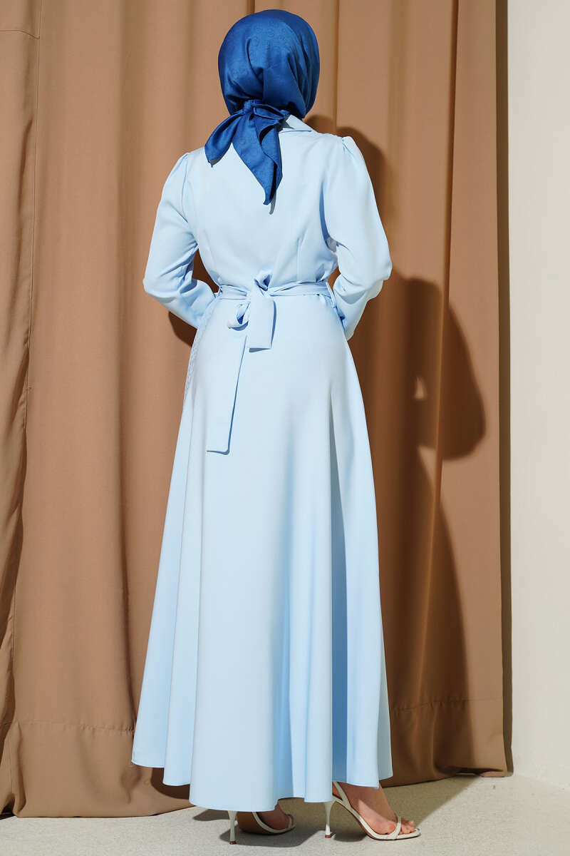 Wrap-Collar Dress with Tulle Shoulders - Light Blue