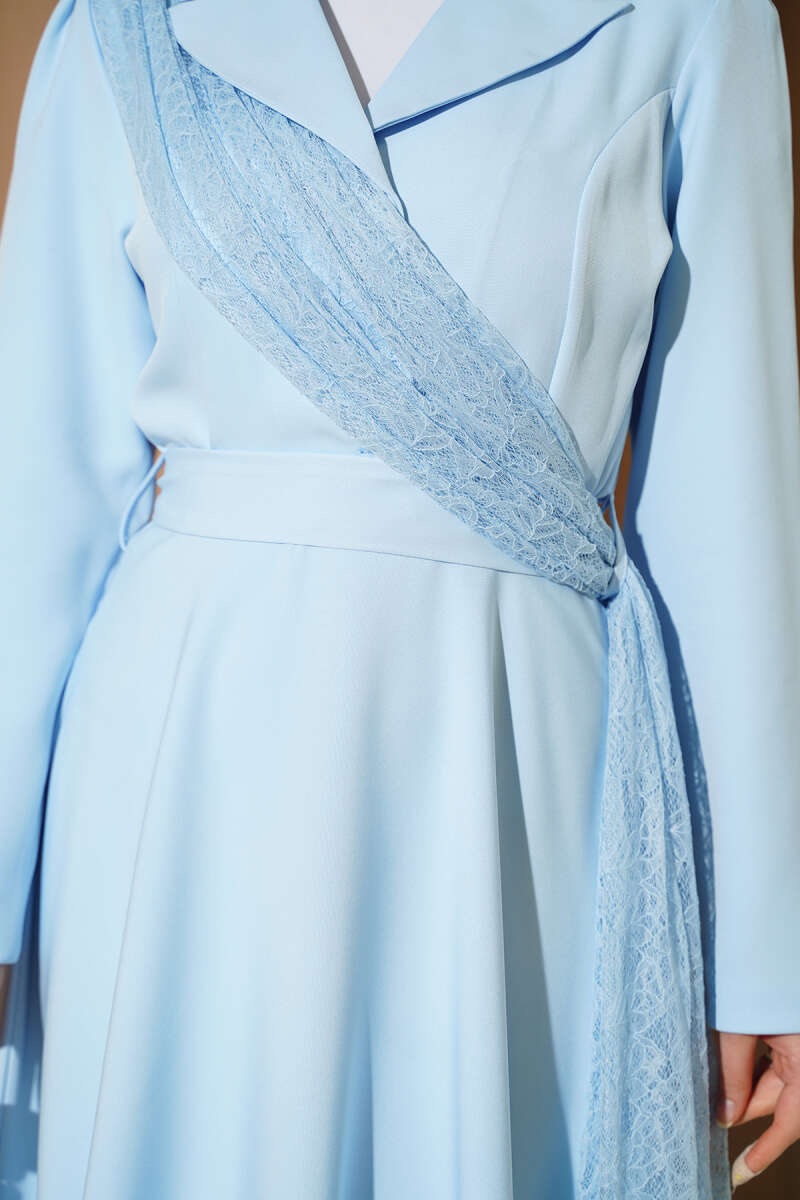 Wrap-Collar Dress with Tulle Shoulders - Light Blue