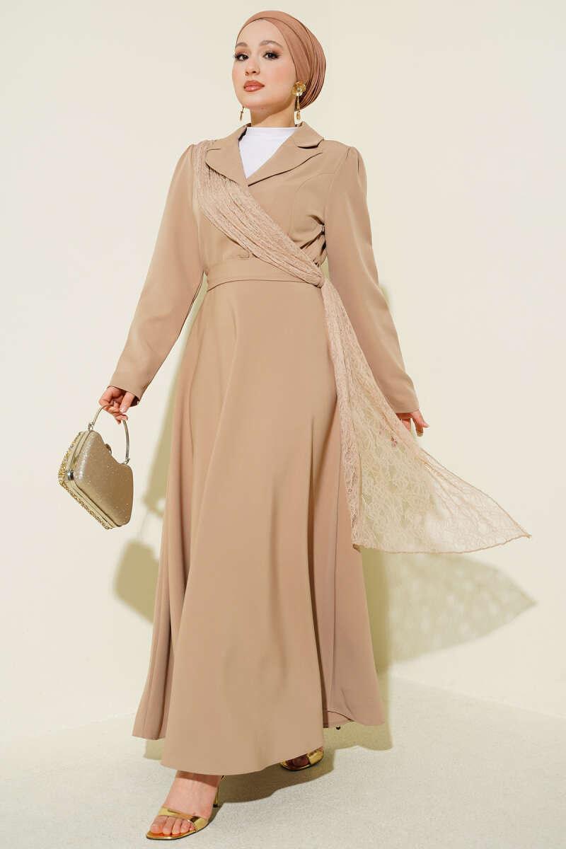 Wrap-Collar Dress with Tulle Shoulders - Beige