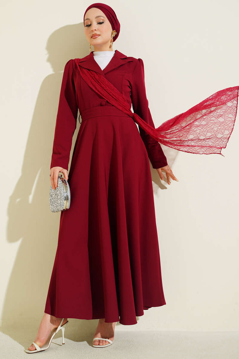 Wrap-Collar Dress with Tulle Shoulders - Burgundy