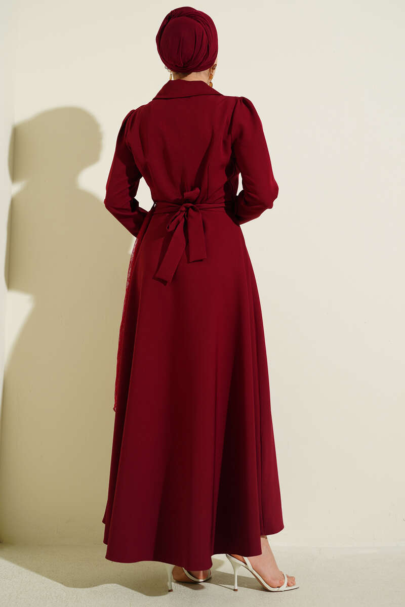 Wrap-Collar Dress with Tulle Shoulders - Burgundy
