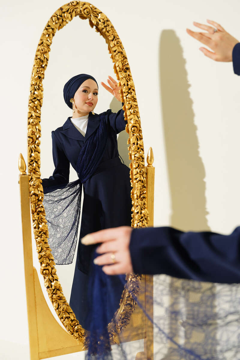 Wrap-Collar Dress with Tulle Shoulders - Navy