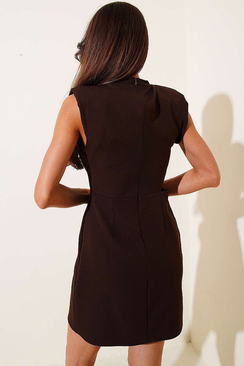 Mini Dress with Shoulder Pads and Cut-Out Waist - Brown