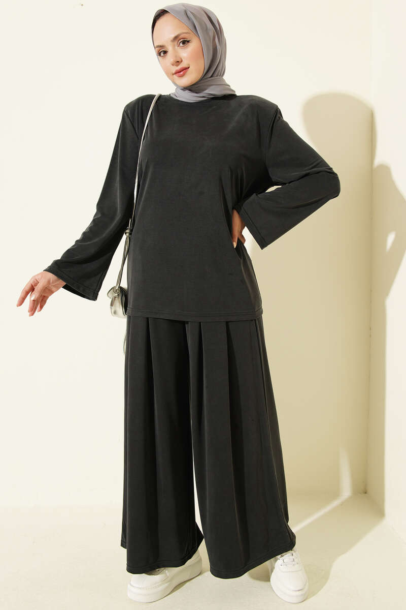 Tencel Two-Piece Set with Shoulder Pads and Drawstring Waist - Charcoal