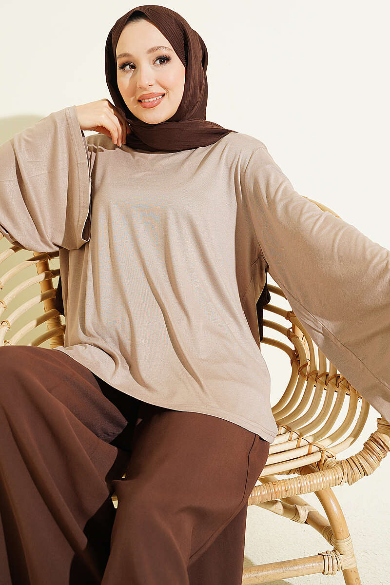 Wide-Sleeve Tunic with Shoulder Pads - Beige