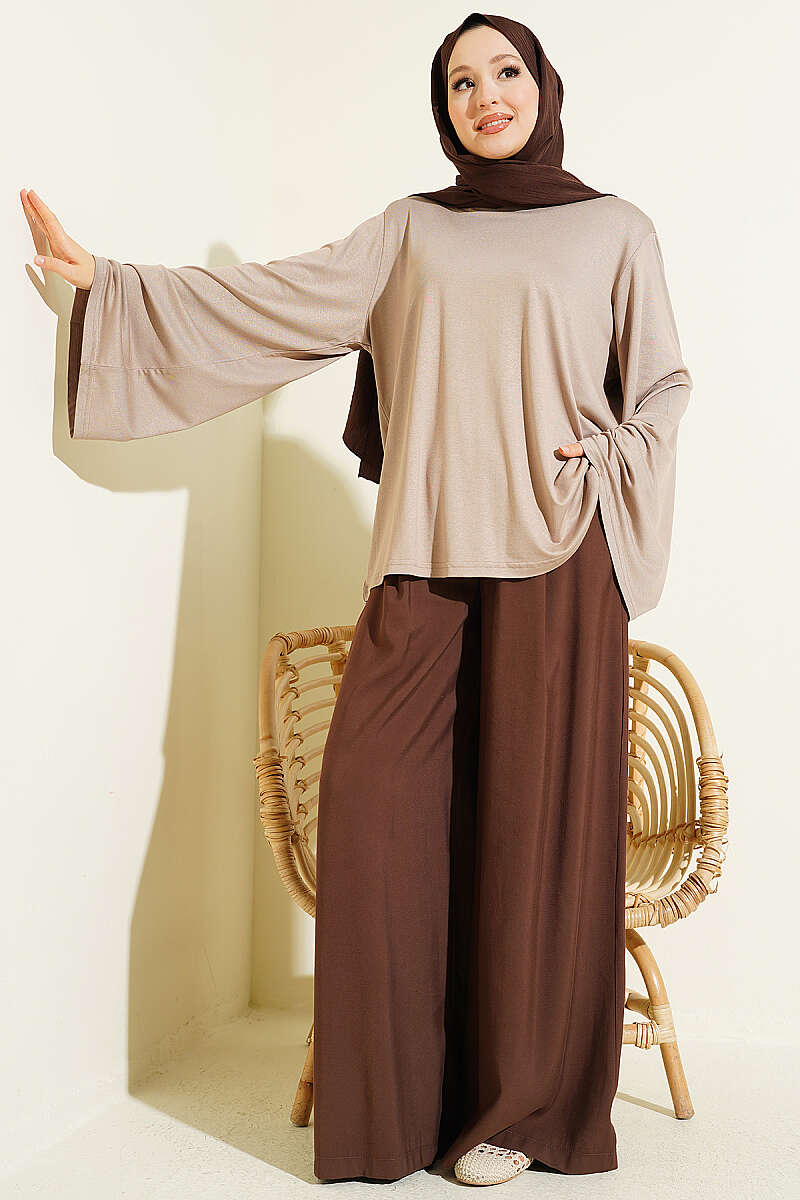 Wide-Sleeve Tunic with Shoulder Pads - Beige