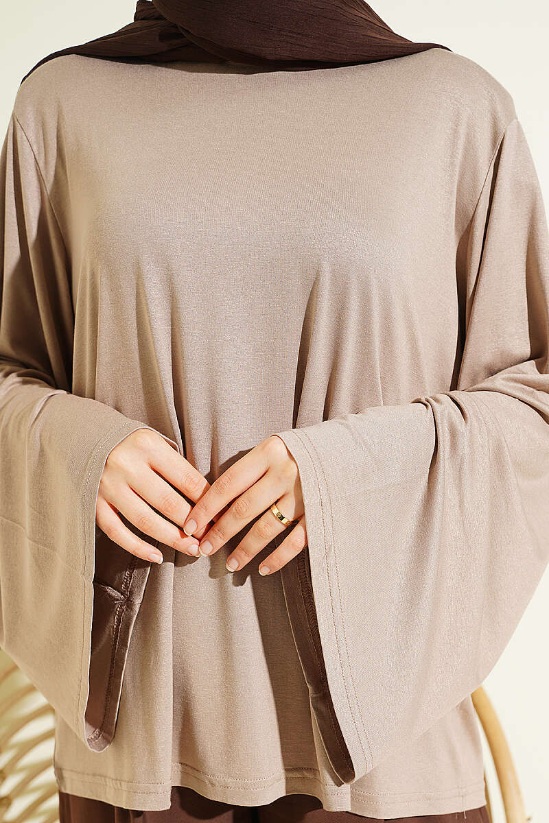 Wide-Sleeve Tunic with Shoulder Pads - Beige