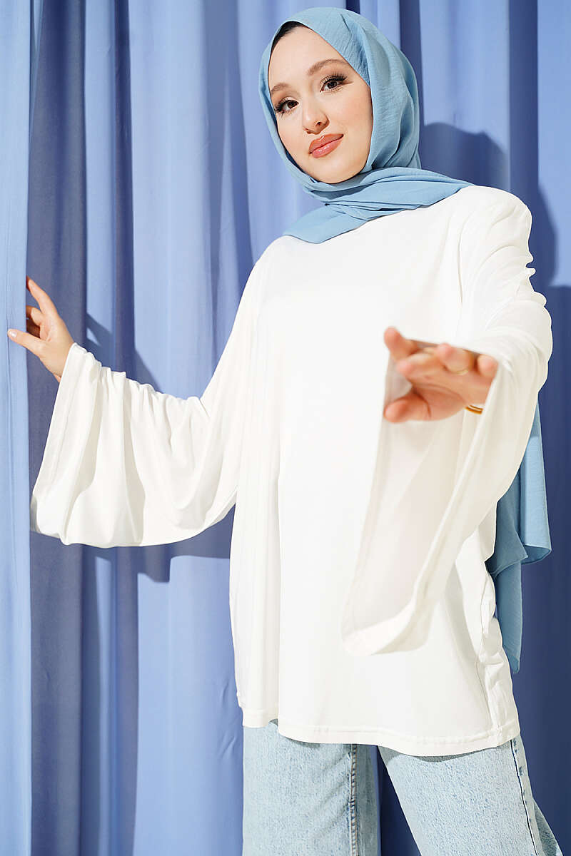 Wide-Sleeve Tunic with Shoulder Pads - Ecru
