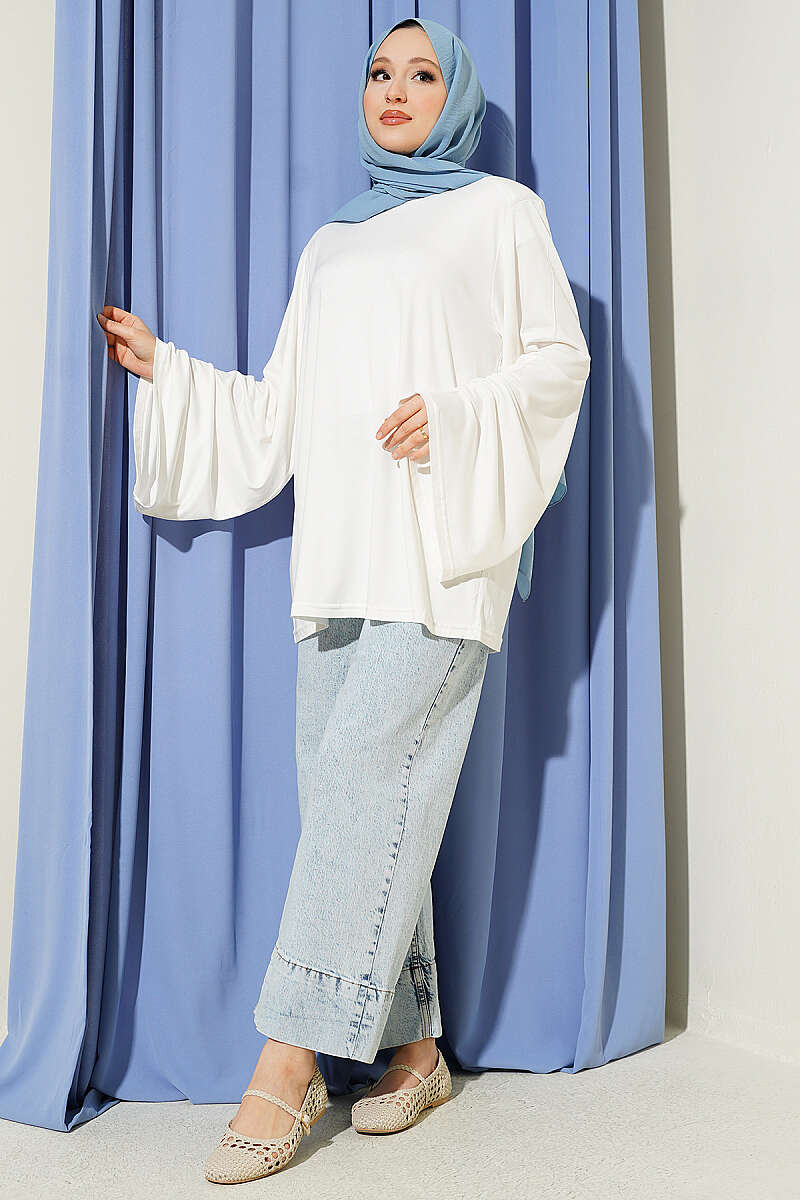 Wide-Sleeve Tunic with Shoulder Pads - Ecru