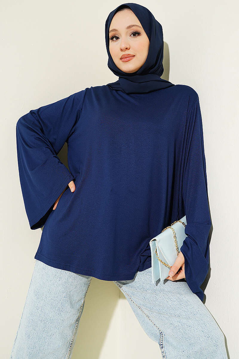 Wide-Sleeve Tunic with Shoulder Pads - Navy