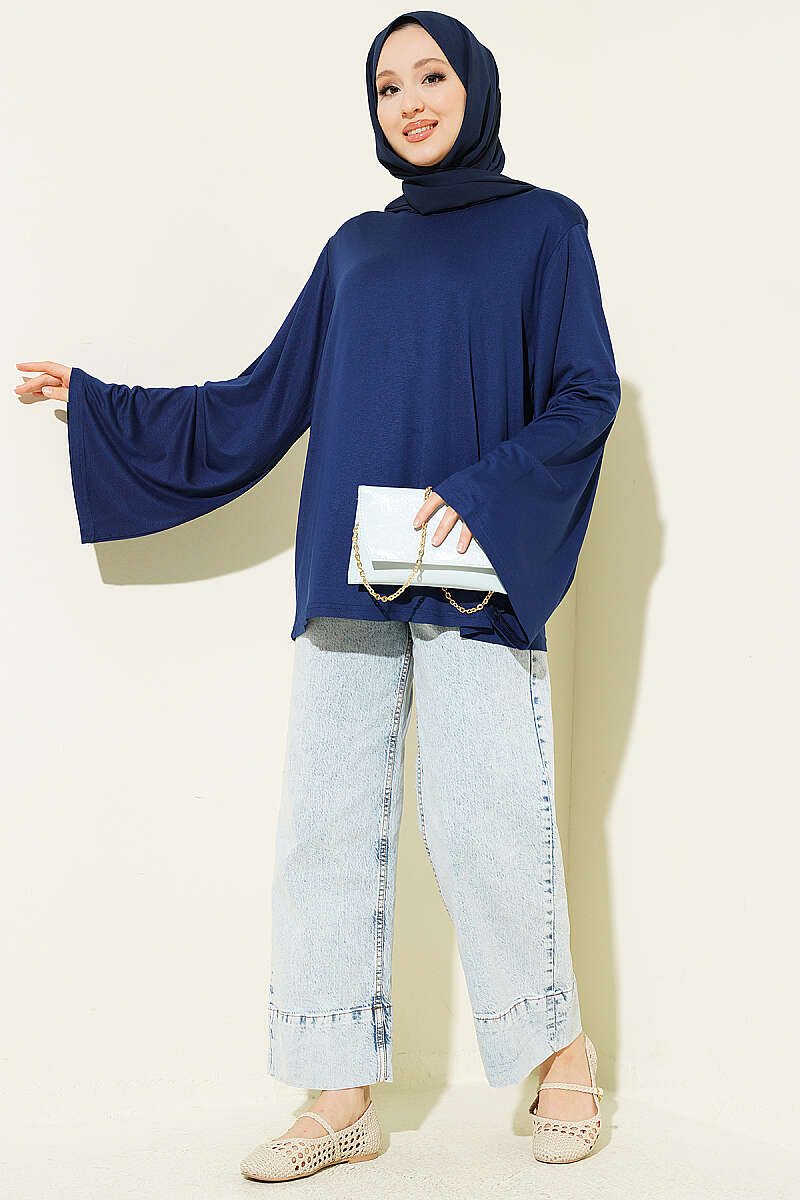 Wide-Sleeve Tunic with Shoulder Pads - Navy