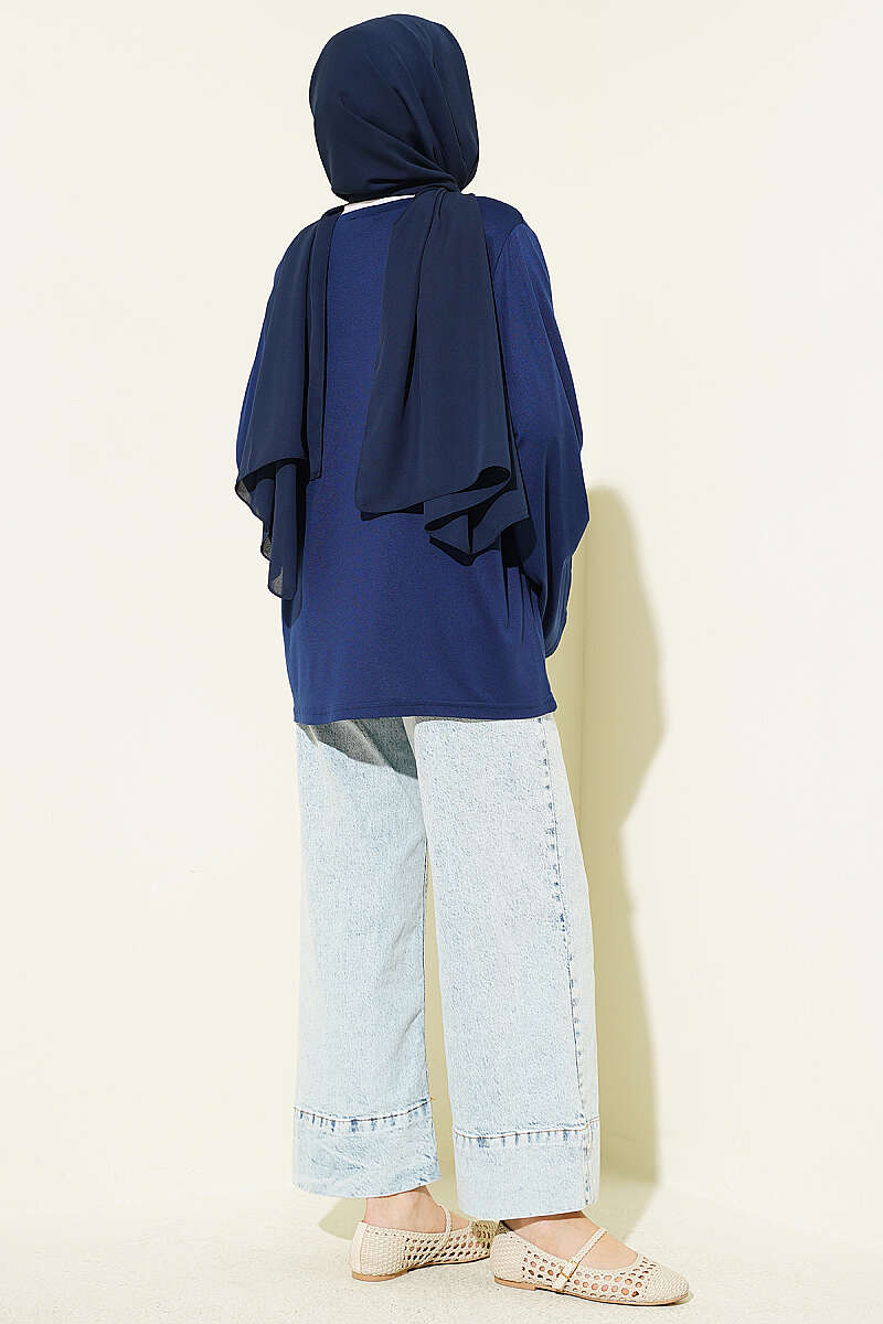 Wide-Sleeve Tunic with Shoulder Pads - Navy