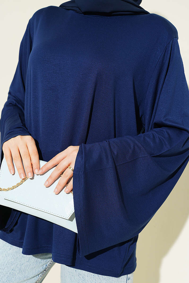 Wide-Sleeve Tunic with Shoulder Pads - Navy