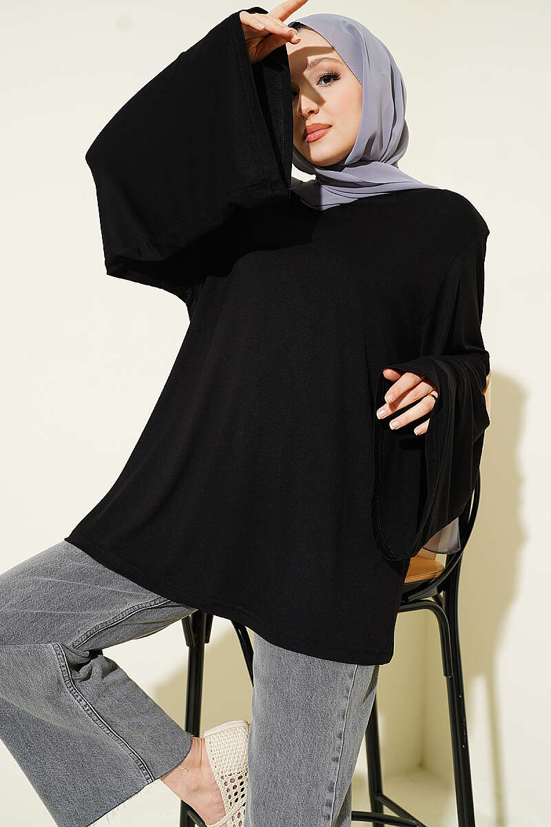 Wide-Sleeve Tunic with Shoulder Pads - Black