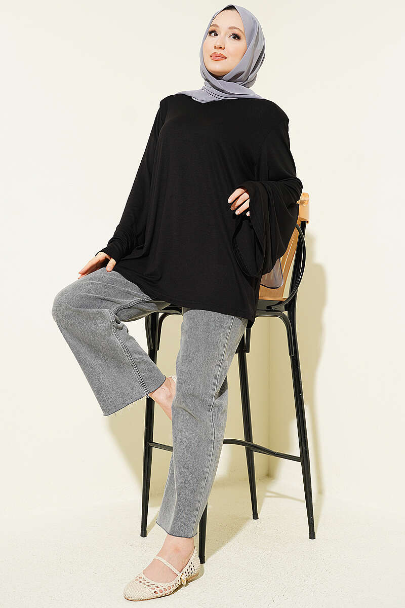 Wide-Sleeve Tunic with Shoulder Pads - Black