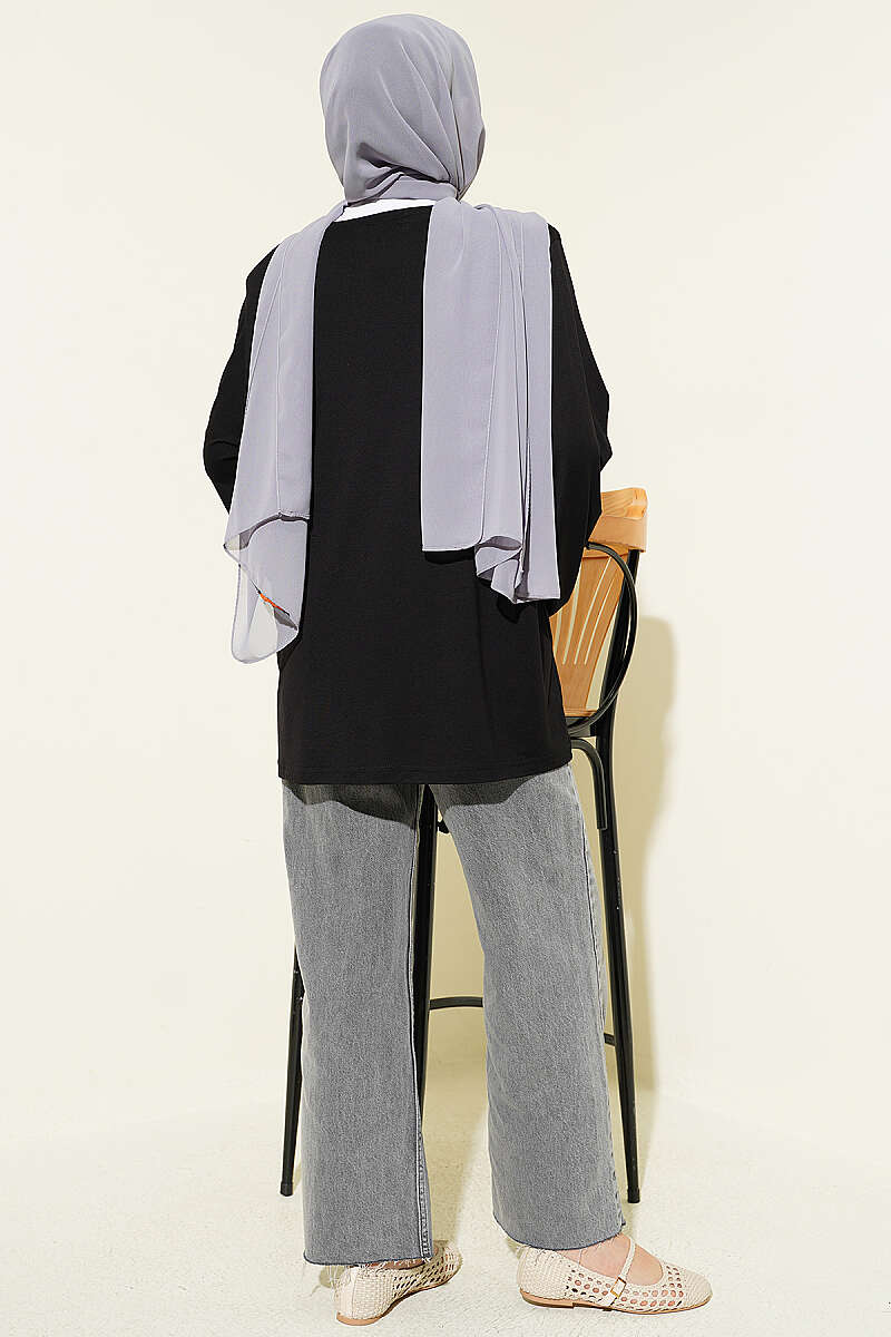 Wide-Sleeve Tunic with Shoulder Pads - Black