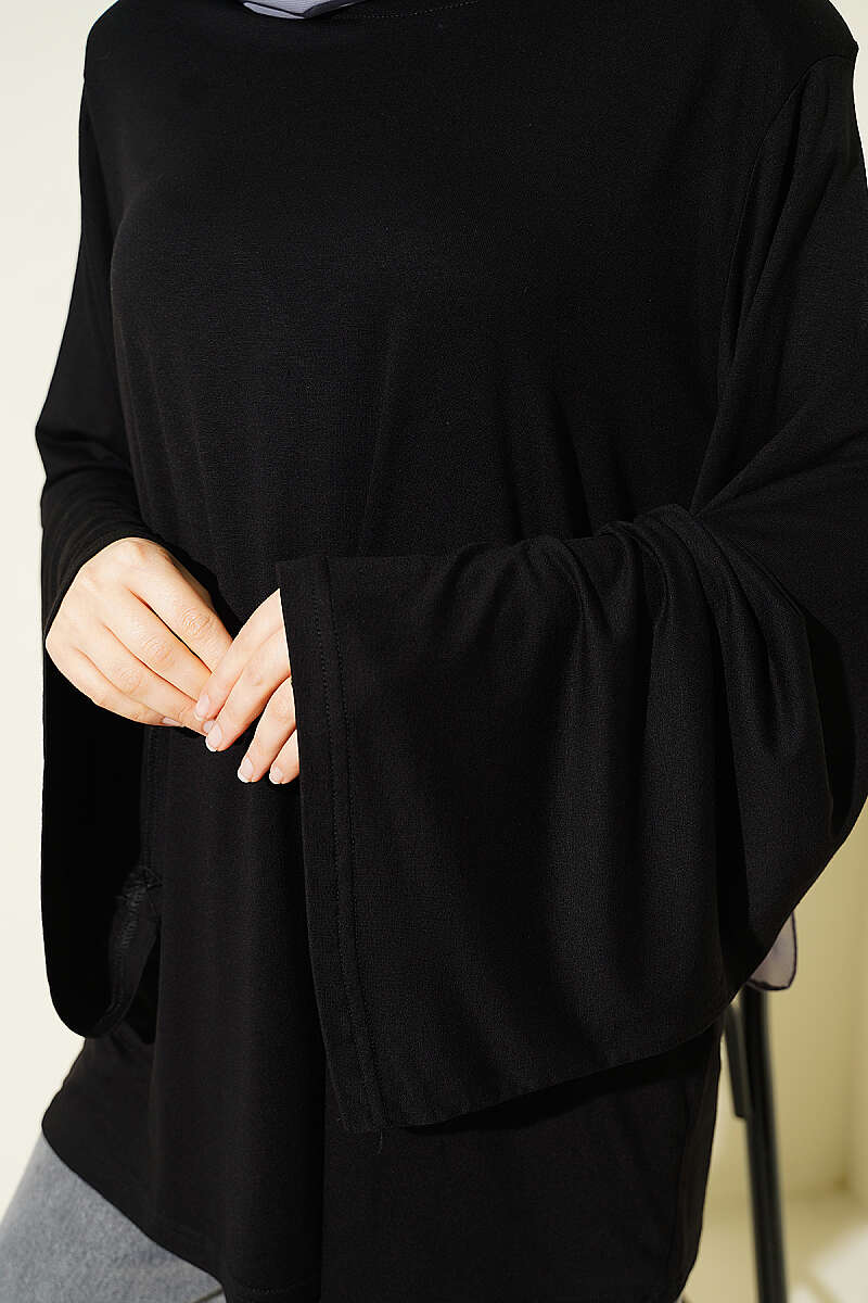 Wide-Sleeve Tunic with Shoulder Pads - Black