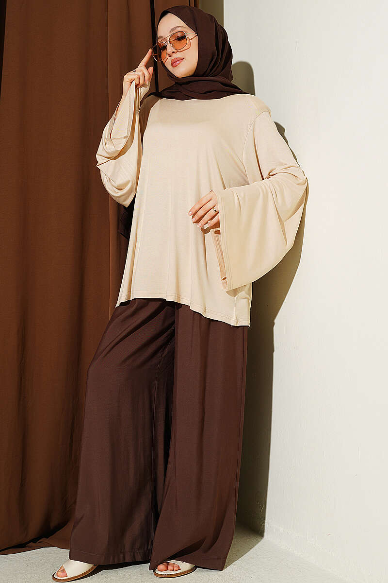 Wide-Sleeve Tunic with Shoulder Pads - Stone