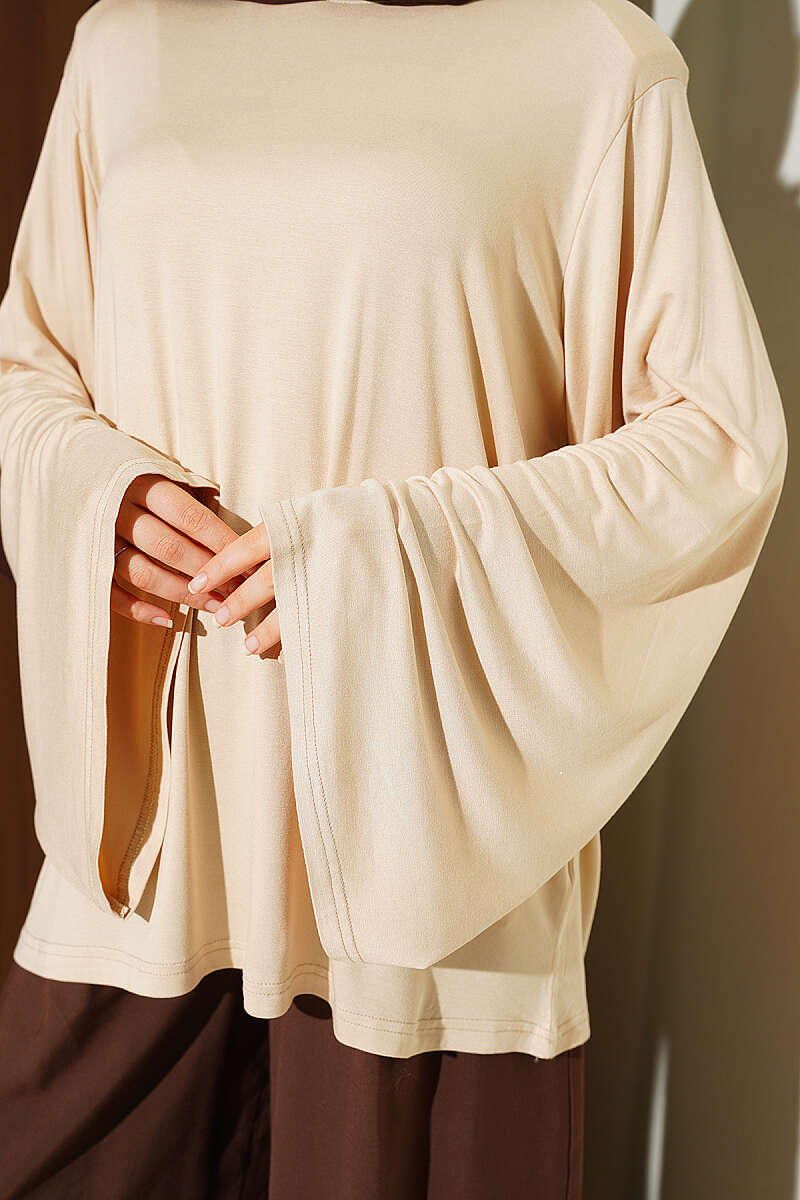 Wide-Sleeve Tunic with Shoulder Pads - Stone
