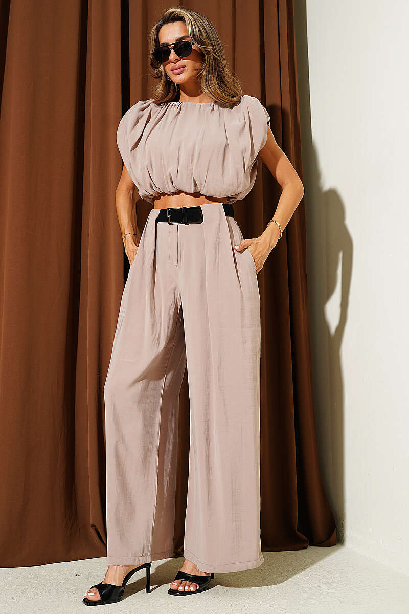 Sleeveless Modal Two-Piece Set with Shoulder Pads - Beige