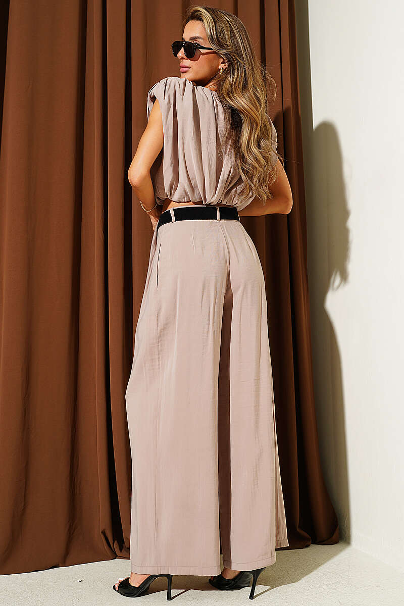 Sleeveless Modal Two-Piece Set with Shoulder Pads - Beige