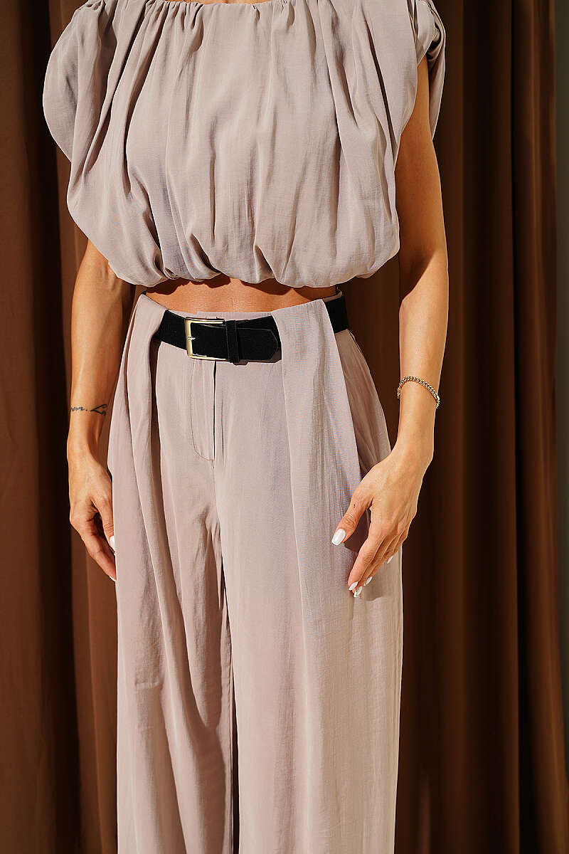 Sleeveless Modal Two-Piece Set with Shoulder Pads - Beige