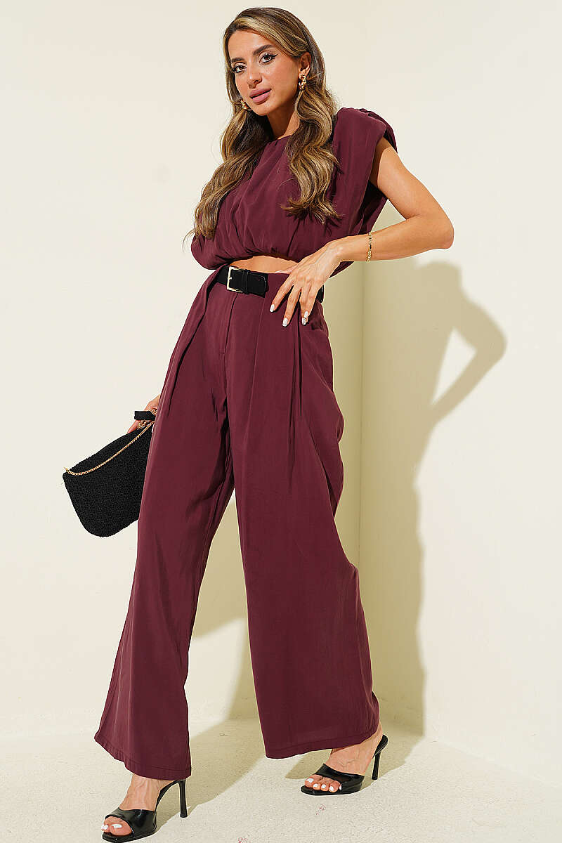 Sleeveless Modal Two-Piece Set with Shoulder Pads - Burgundy