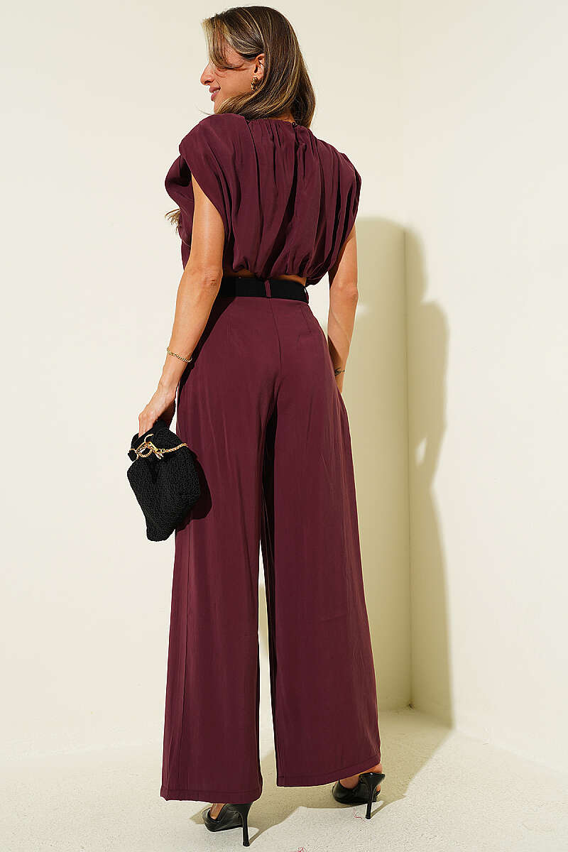 Sleeveless Modal Two-Piece Set with Shoulder Pads - Burgundy