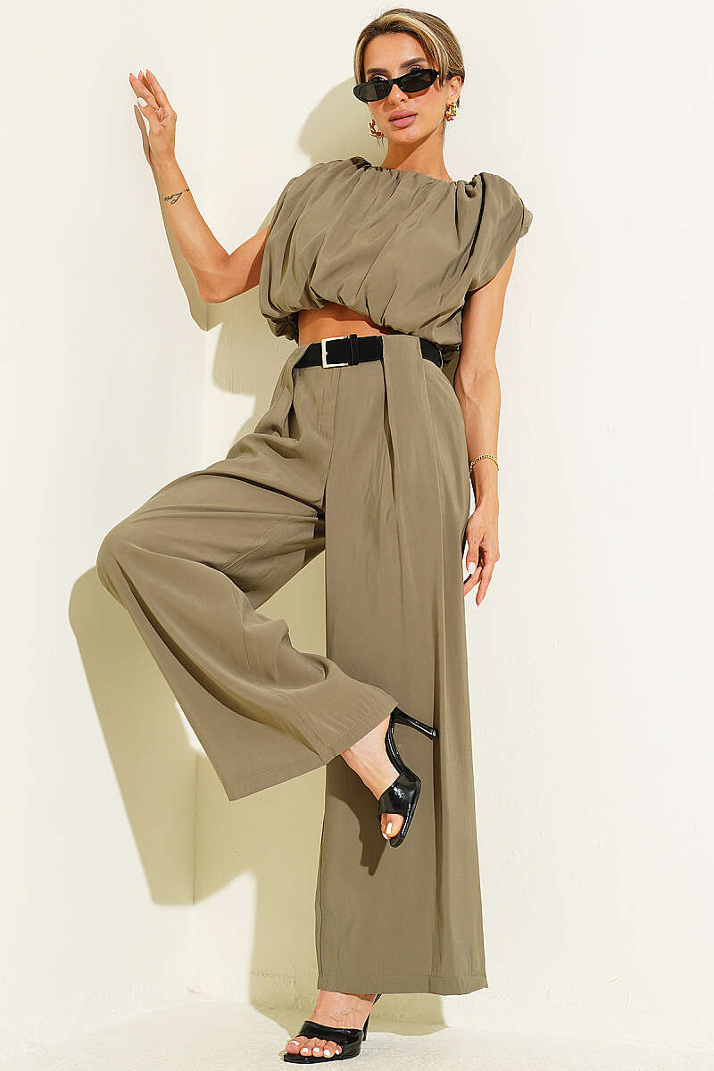 Sleeveless Modal Two-Piece Set with Shoulder Pads - Khaki