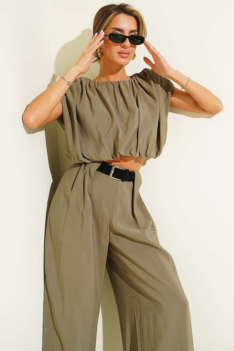 Sleeveless Modal Two-Piece Set with Shoulder Pads - Khaki
