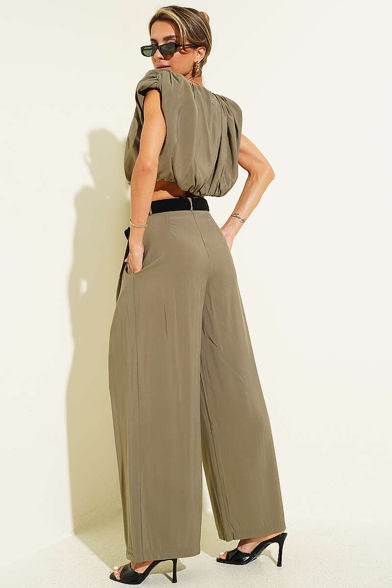 Sleeveless Modal Two-Piece Set with Shoulder Pads - Khaki