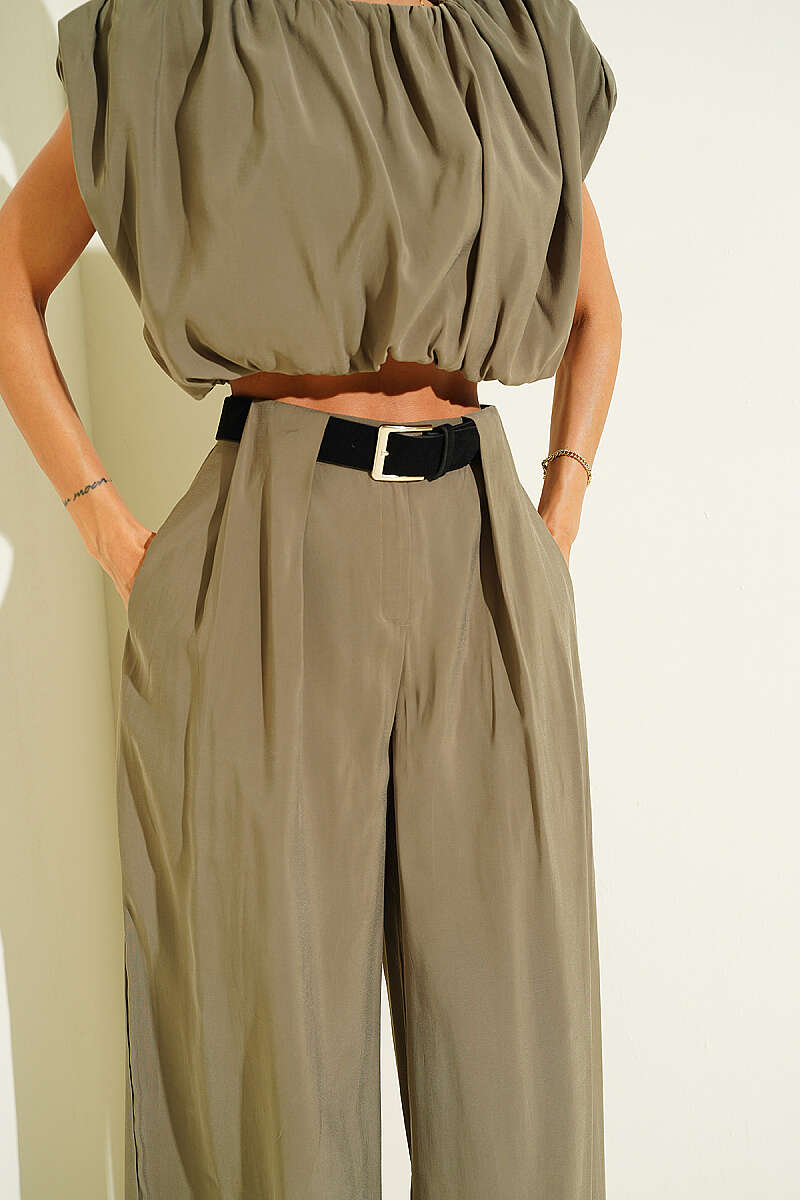 Sleeveless Modal Two-Piece Set with Shoulder Pads - Khaki