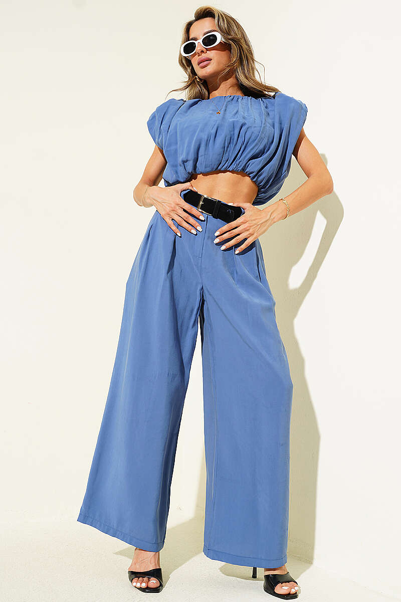 Sleeveless Modal Two-Piece Set with Shoulder Pads - Indigo