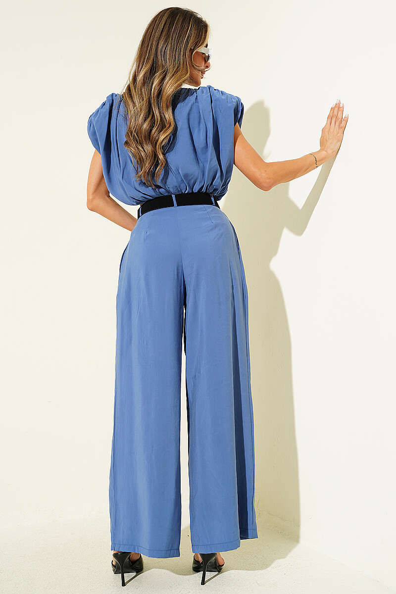 Sleeveless Modal Two-Piece Set with Shoulder Pads - Indigo