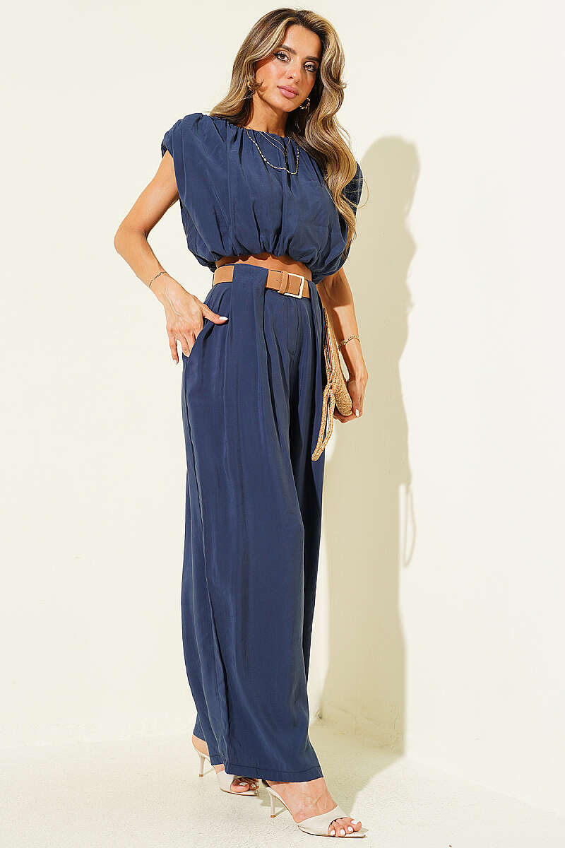 Sleeveless Modal Two-Piece Set with Shoulder Pads - Navy