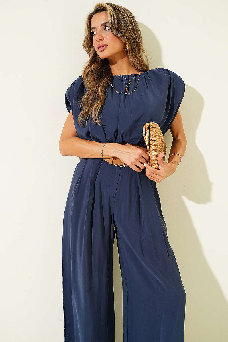 Sleeveless Modal Two-Piece Set with Shoulder Pads - Navy