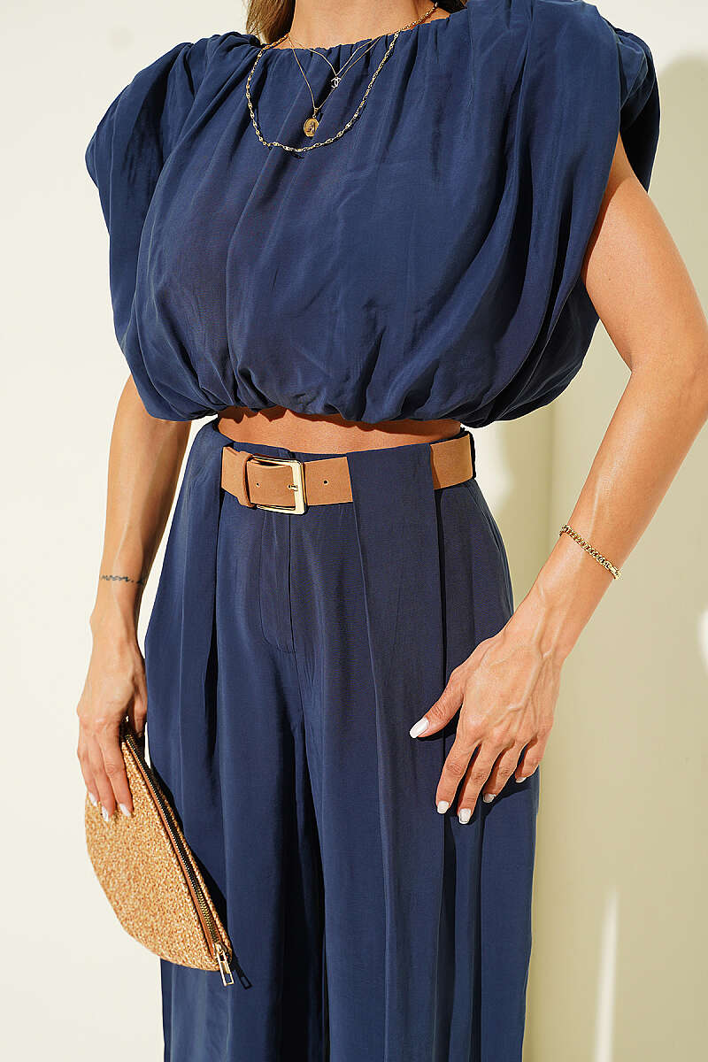 Sleeveless Modal Two-Piece Set with Shoulder Pads - Navy