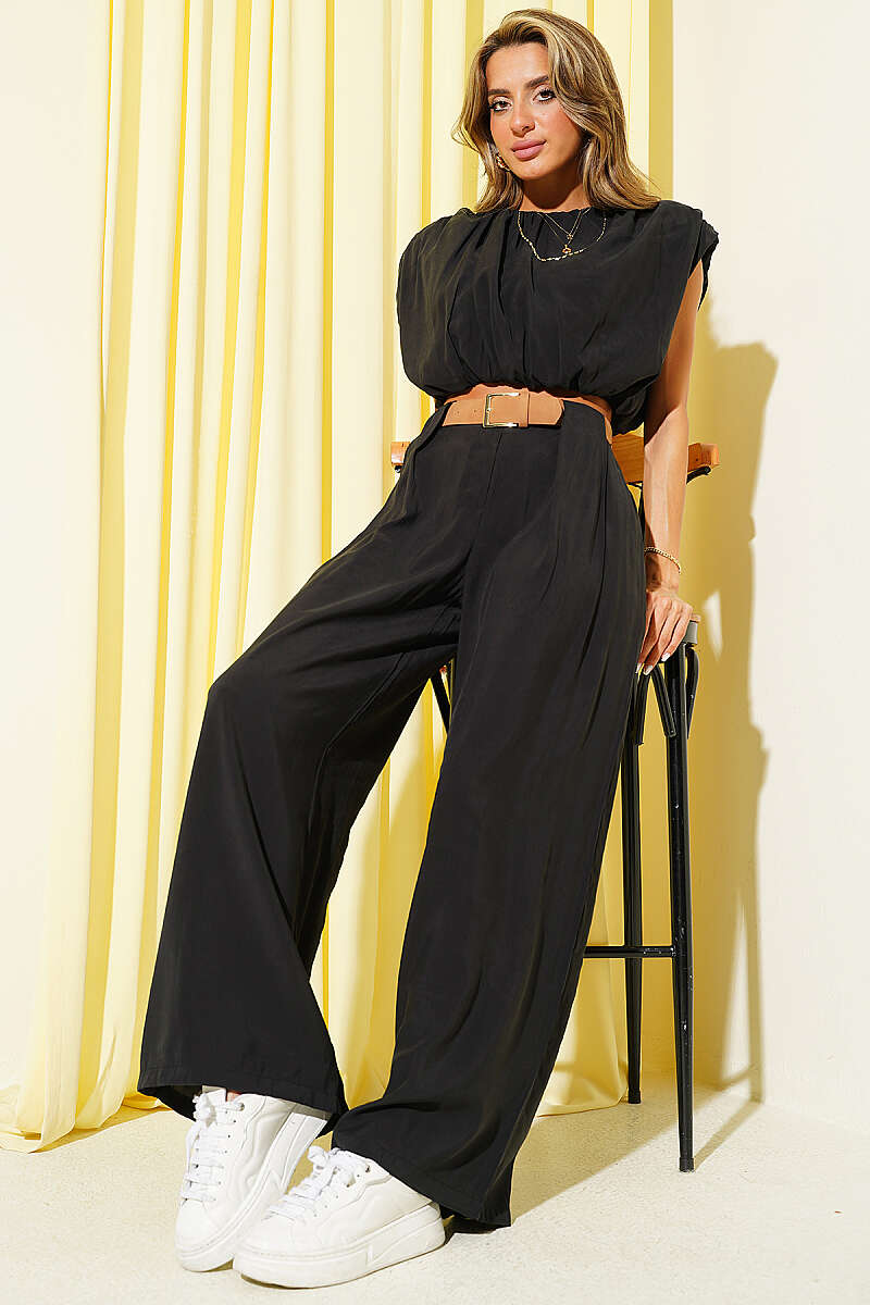 Sleeveless Modal Two-Piece Set with Shoulder Pads - Black
