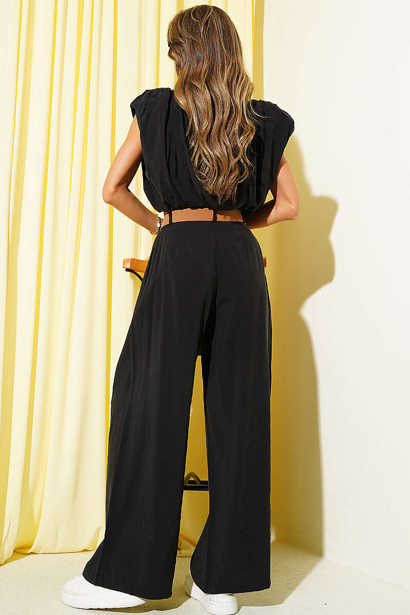 Sleeveless Modal Two-Piece Set with Shoulder Pads - Black