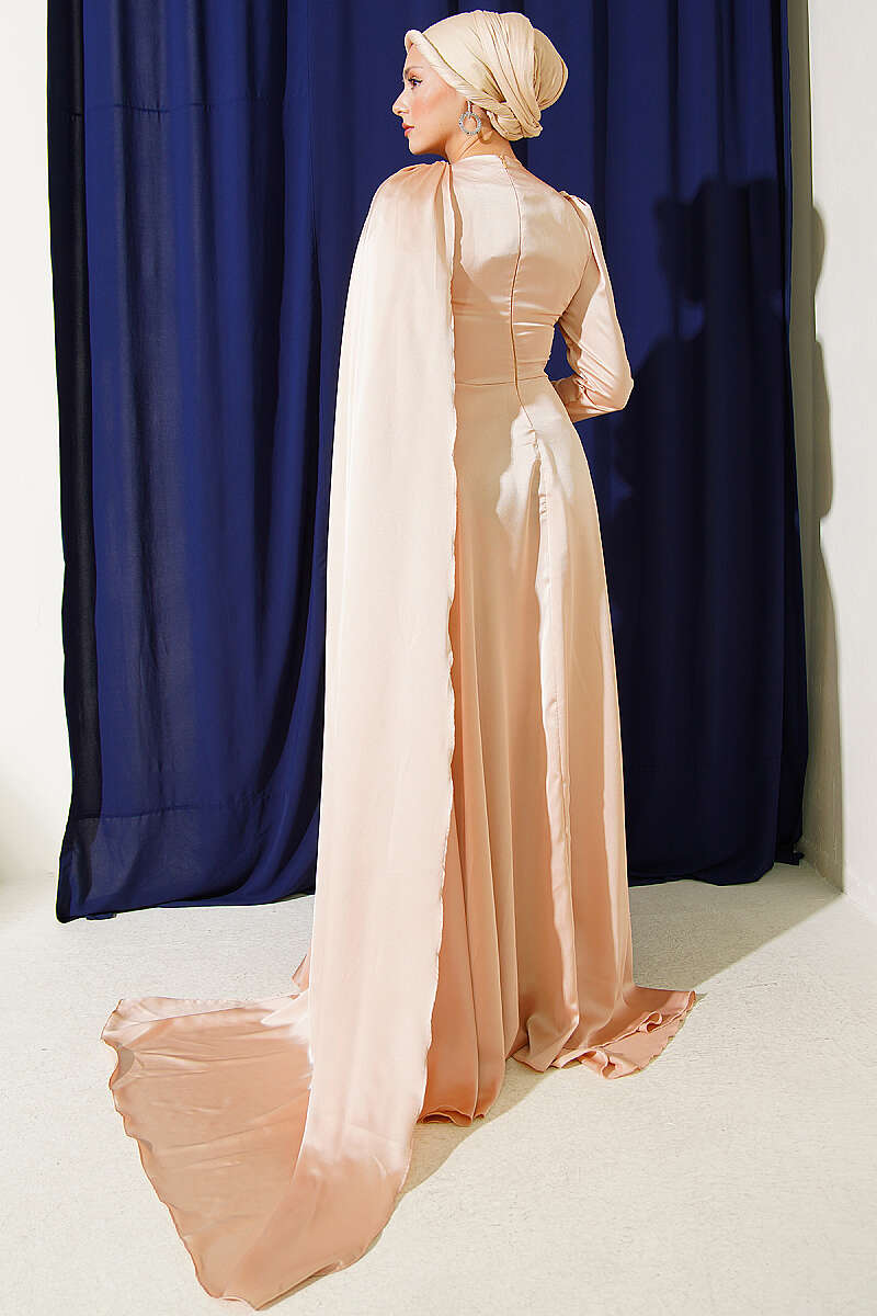 Satin Evening Dress with Shoulder Cape - Beige