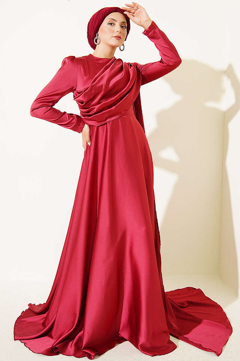 Satin Evening Dress with Shoulder Cape - Burgundy