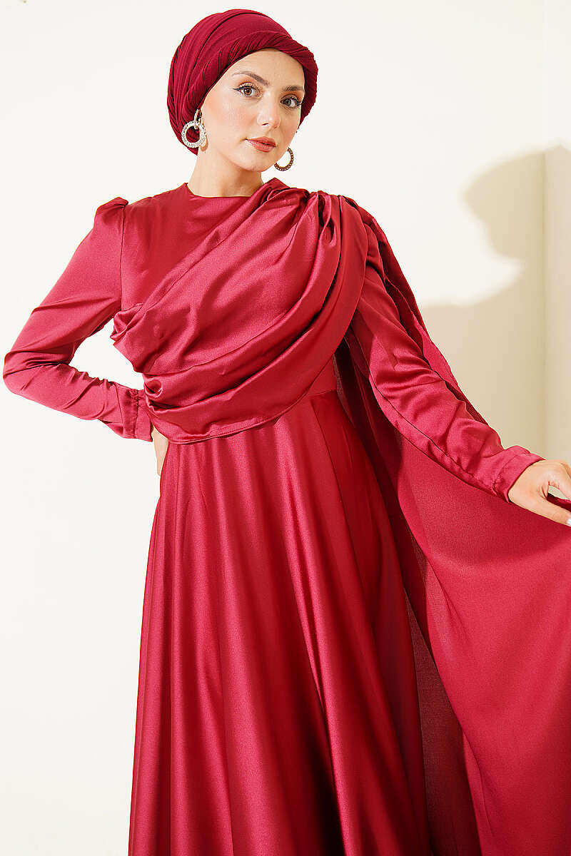 Satin Evening Dress with Shoulder Cape - Burgundy