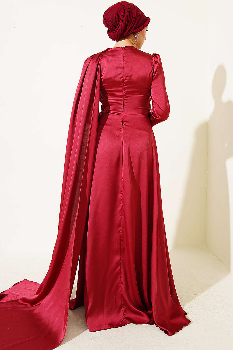 Satin Evening Dress with Shoulder Cape - Burgundy