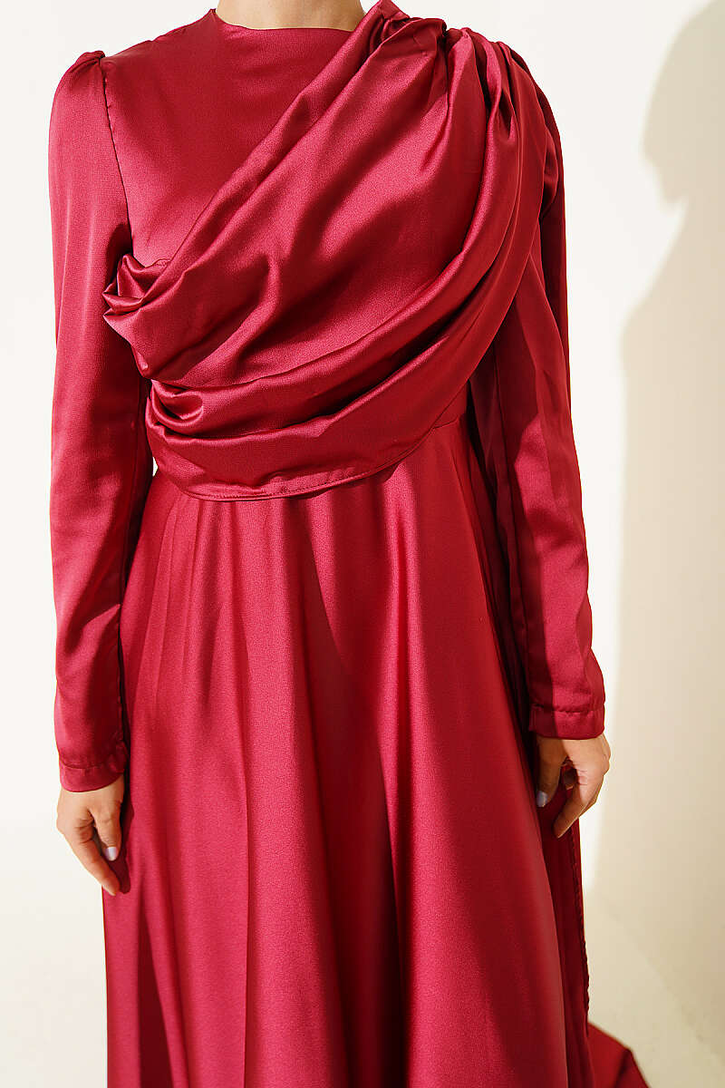 Satin Evening Dress with Shoulder Cape - Burgundy