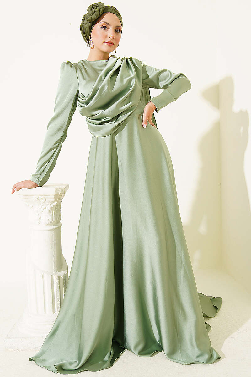 Satin Evening Dress with Shoulder Cape - Almond Green