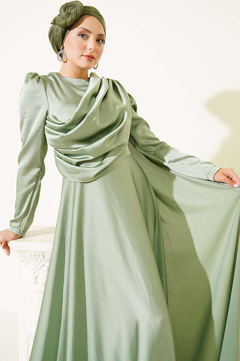 Satin Evening Dress with Shoulder Cape - Almond Green