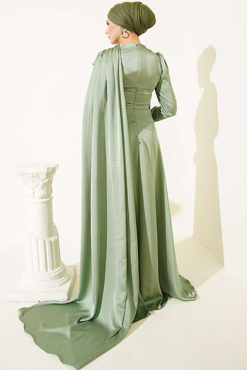Satin Evening Dress with Shoulder Cape - Almond Green