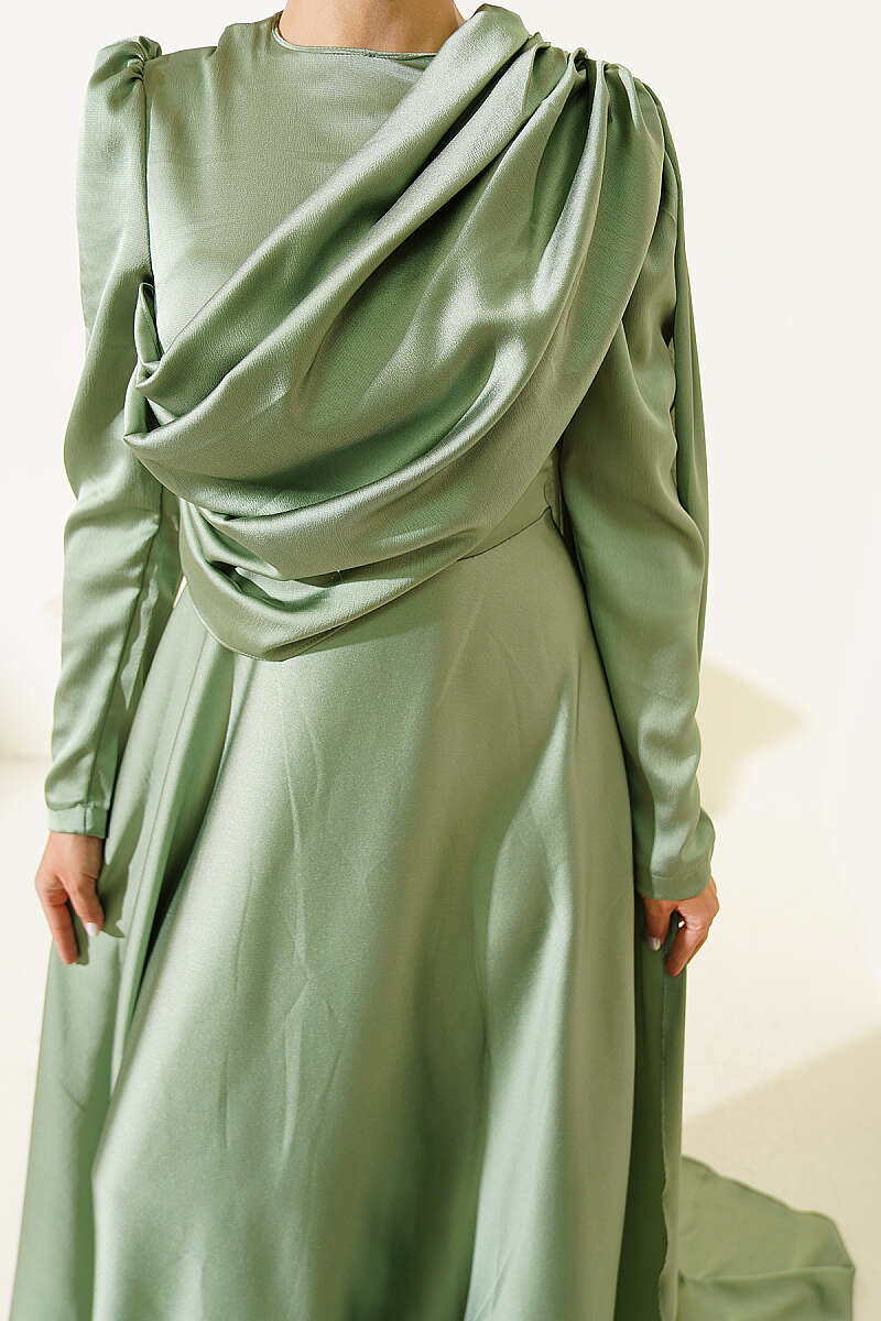 Satin Evening Dress with Shoulder Cape - Almond Green