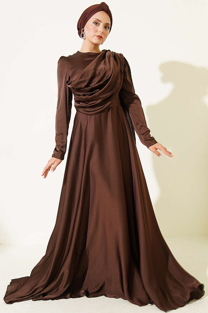Satin Evening Dress with Shoulder Cape - Brown