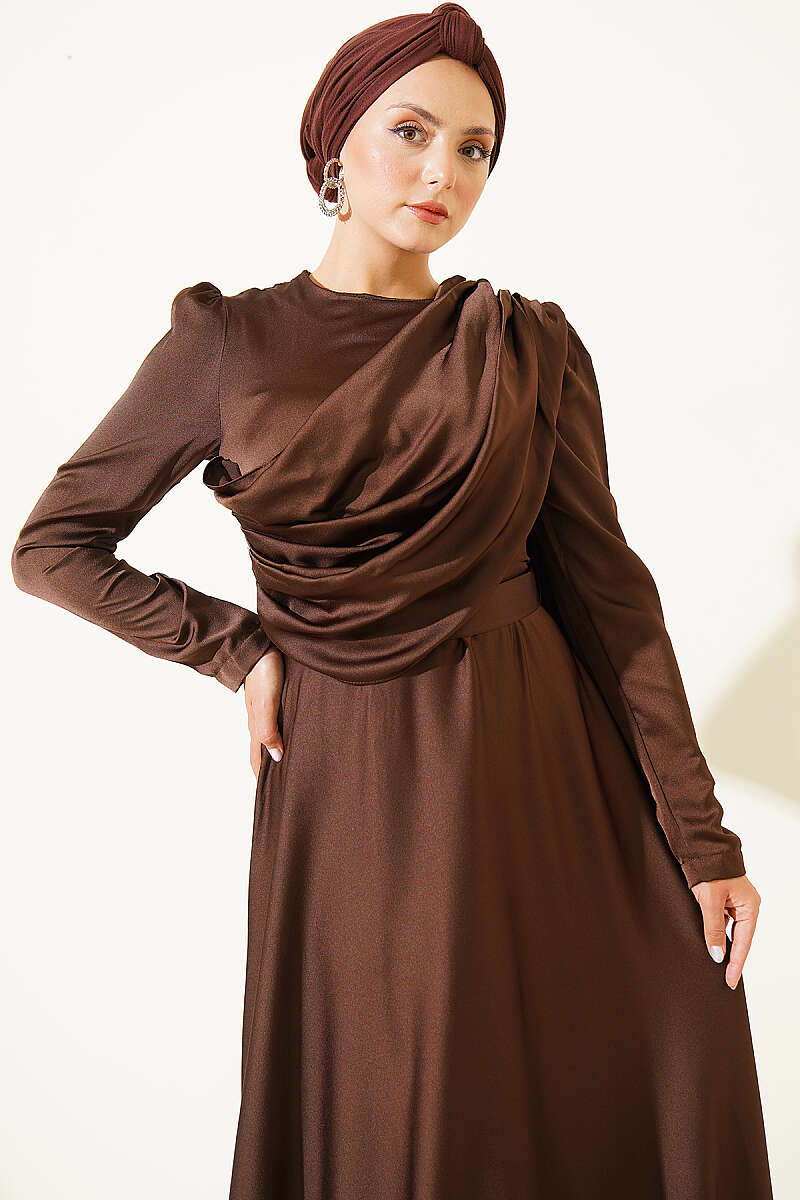 Satin Evening Dress with Shoulder Cape - Brown